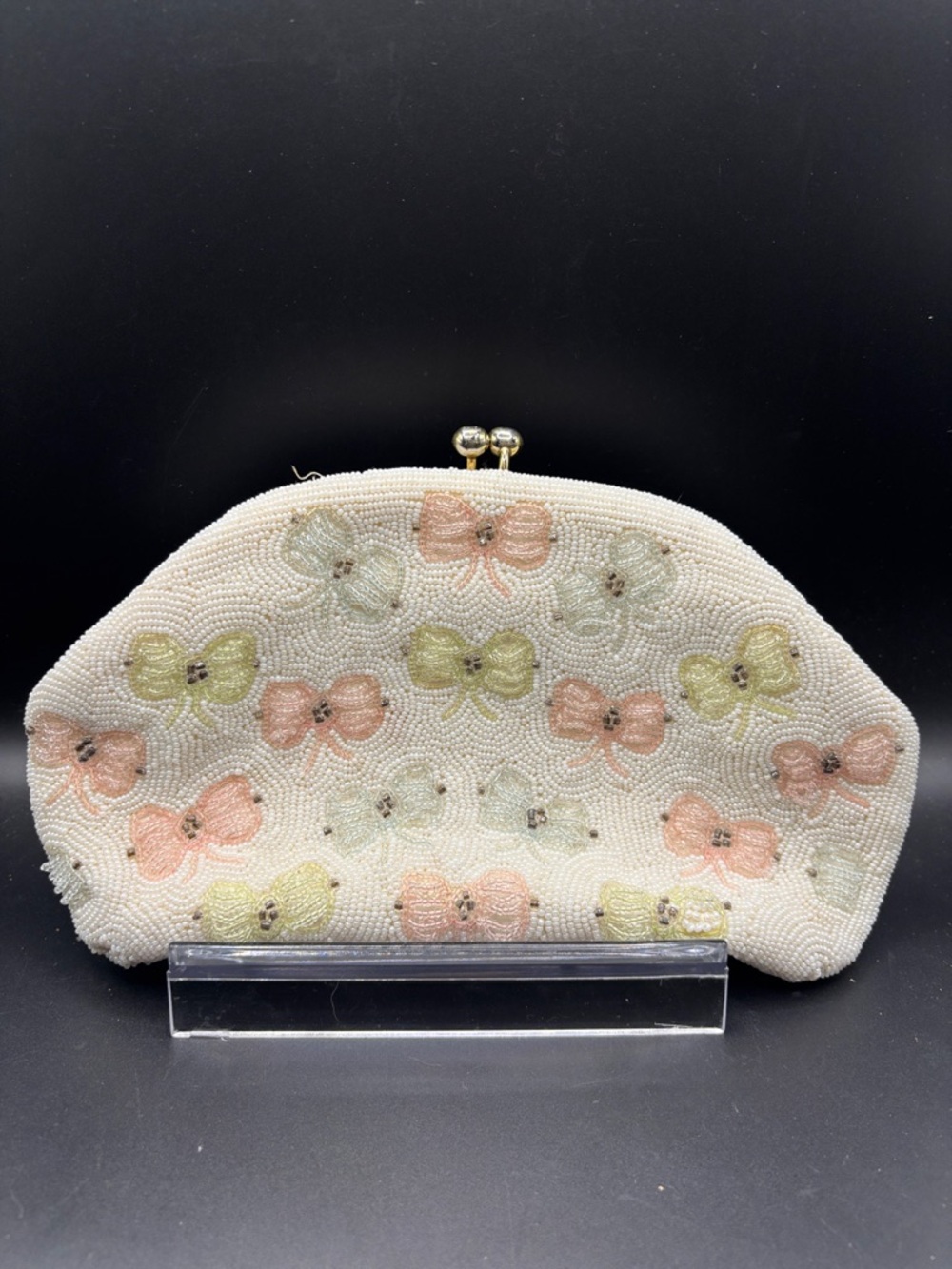 Beaded Cream Bow Accent Clutch - Unbranded